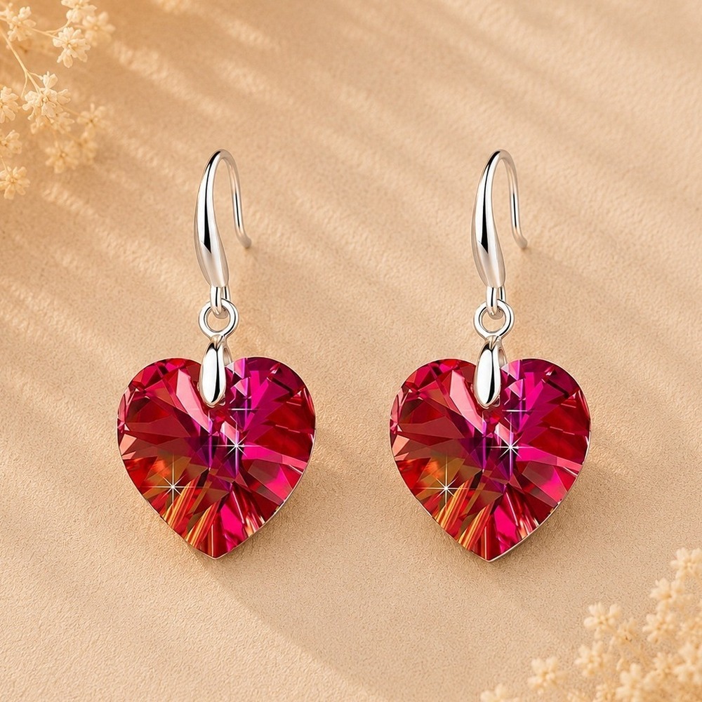 Swarovski Heart Earrings Volcano Crystal‎ Sterling Overlay Pink Vintage Dangle